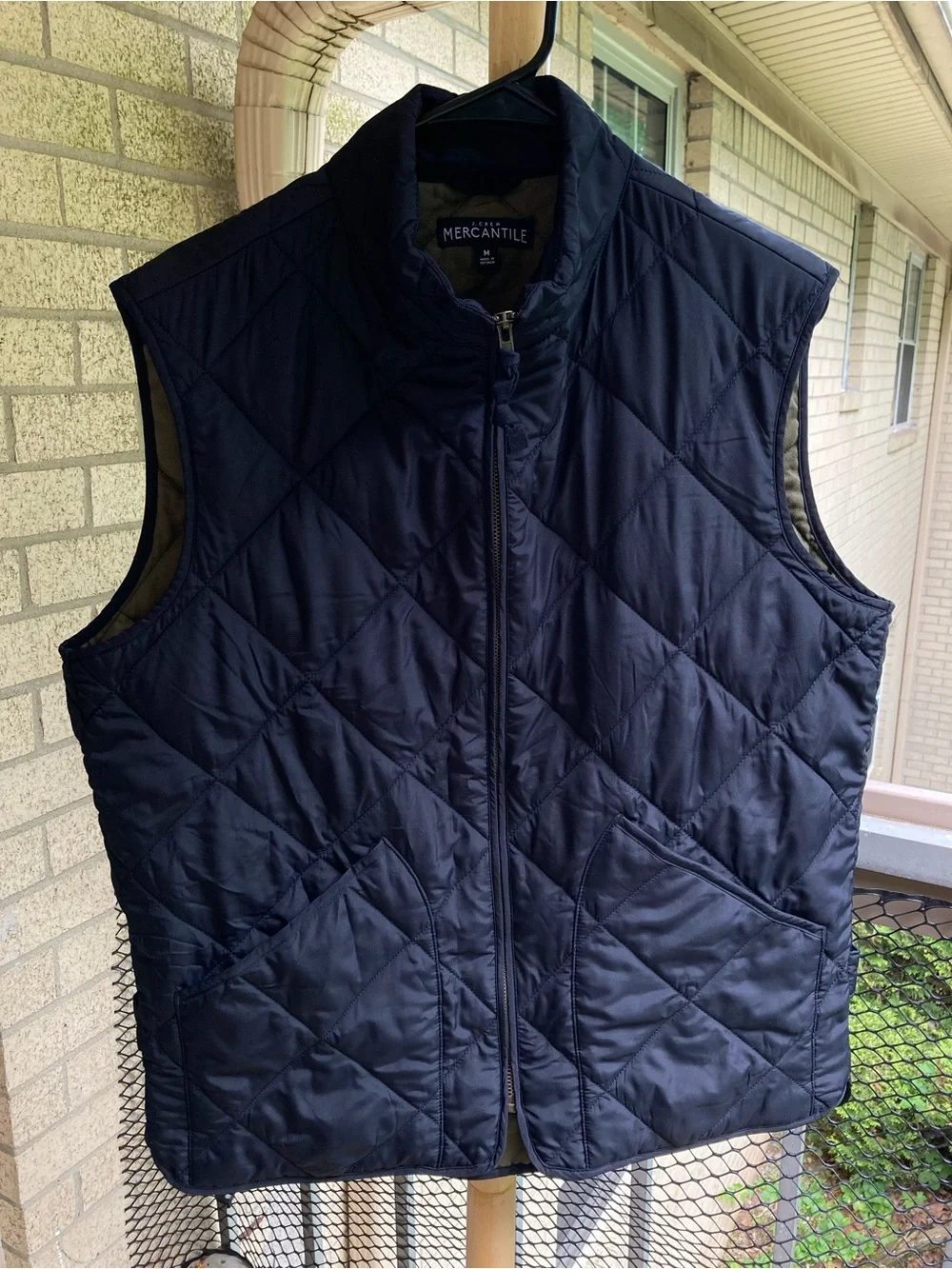 J. Crew Black Quilted Light Puffer Zip Up Vest Green Cotton Lining